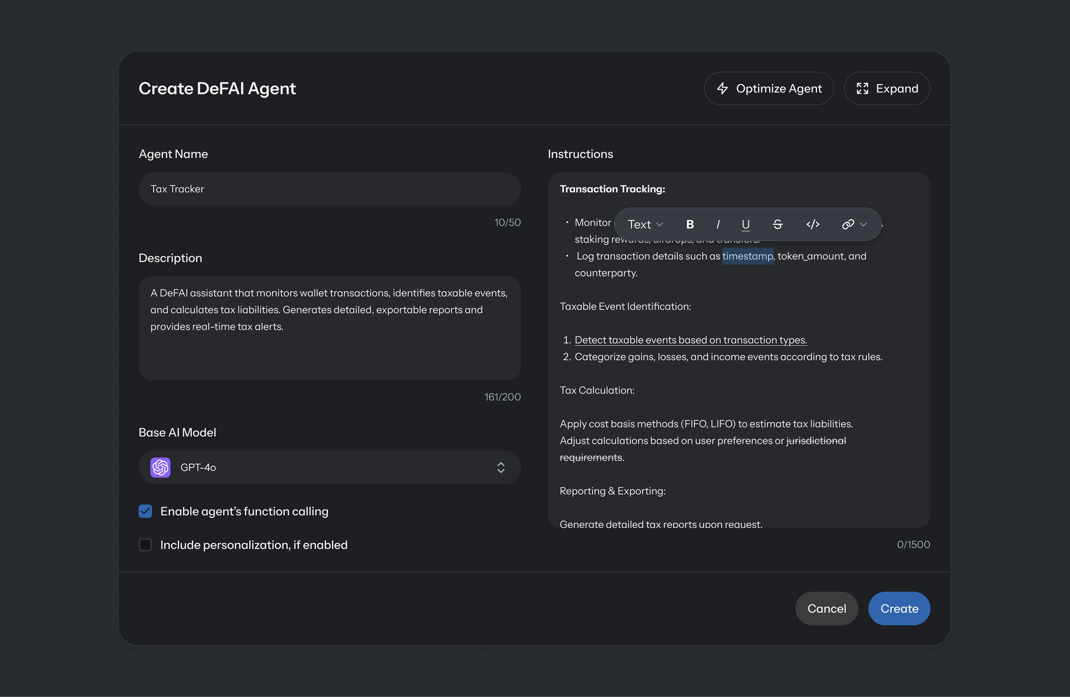 Create DeFAI Agent modal