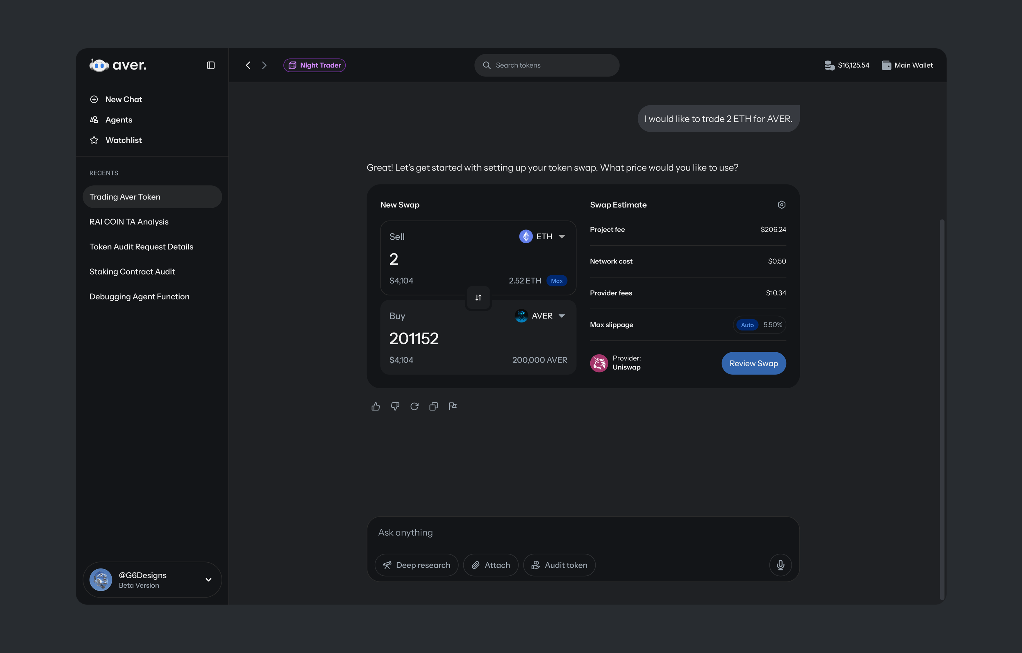 Trading chat with embedded swap card