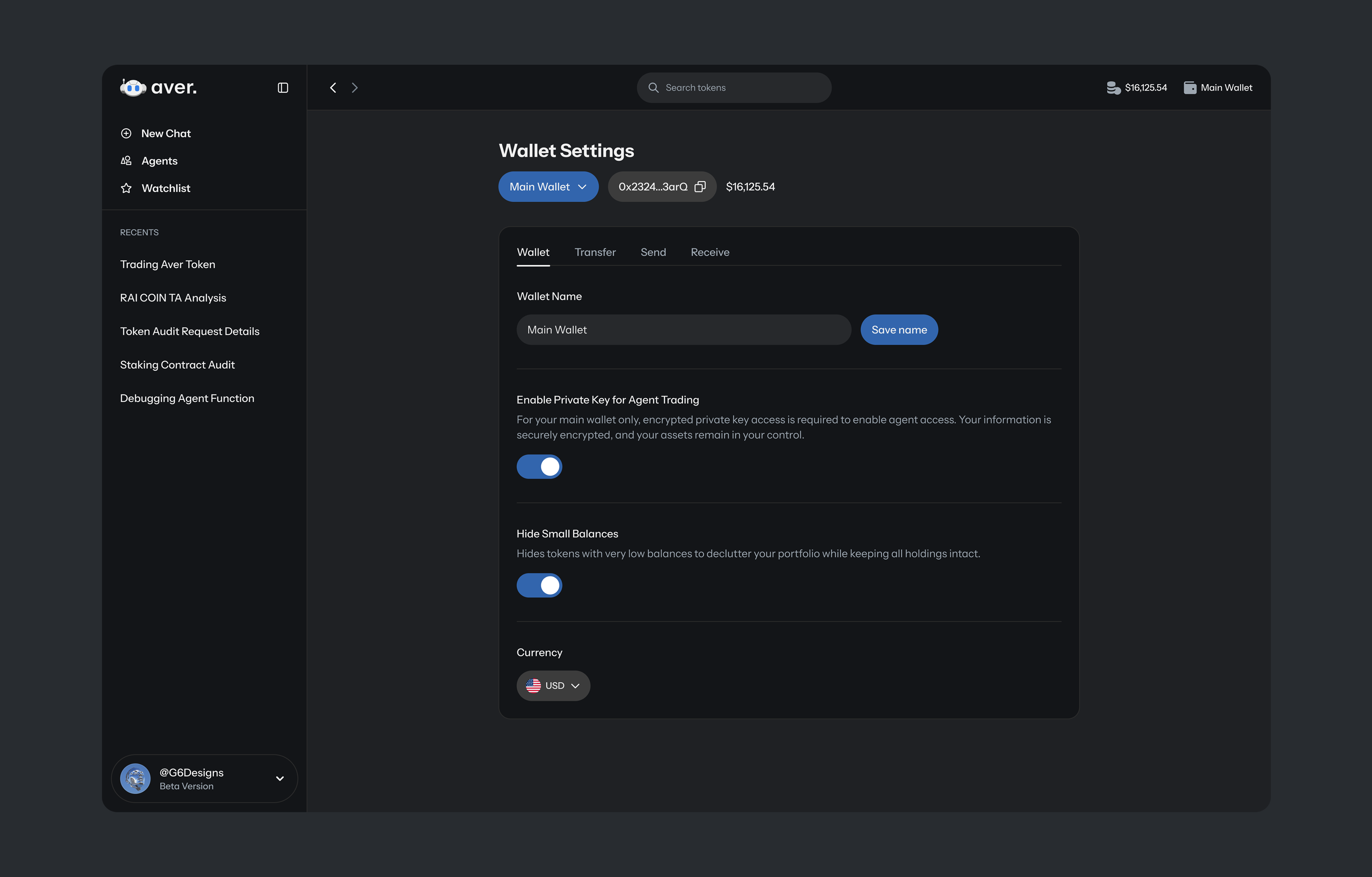 Wallet settings — agent permissions and preferences